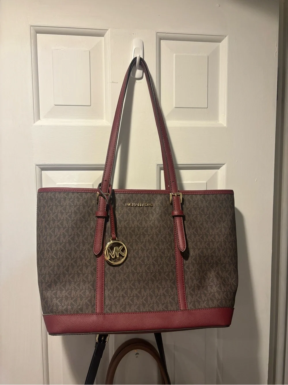 Michael Kors Brown MK Logo Tote with Burgundy Trim